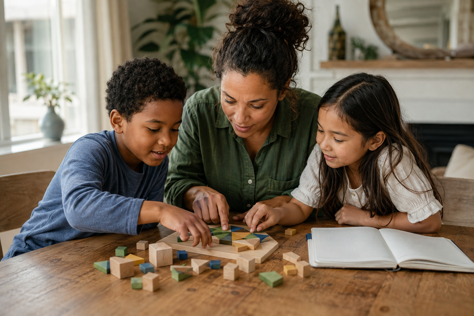 Two children exploring a wooden geometry puzzle with a parent at home